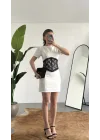 Kadın Beyaz Dantel Detaylı Mini Elbise Kısa Kollu, Bel Vurgulu, Şık & Abiye Elbise