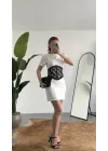 Kadın Beyaz Dantel Detaylı Mini Elbise Kısa Kollu, Bel Vurgulu, Şık & Abiye Elbise