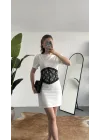 Kadın Beyaz Dantel Detaylı Mini Elbise Kısa Kollu, Bel Vurgulu, Şık & Abiye Elbise