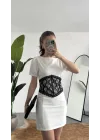 Kadın Beyaz Dantel Detaylı Mini Elbise Kısa Kollu, Bel Vurgulu, Şık & Abiye Elbise