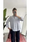 Kadın İnce Mavii Çizgili Oversize Bel Hızası Salaş Kesim Uzun Kollu Ofis Gömlek
