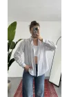 Kadın Kalın Mavi Çizgili Oversize Bel Hızası Salaş Kesim Uzun Kollu Ofis Gömlek