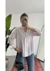 Kadın Kalın Pembe Çizgili Oversize Bel Hızası Salaş Kesim Uzun Kollu Ofis Gömlek