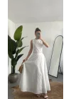 Kadın Beyaz Fisto İşlemeli Dantelli Astarlı Crop Bluz & Midi Etek Takım Yazlık Şık Kadın 2’li Set
