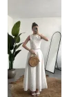 Kadın Beyaz Fisto İşlemeli Dantelli Astarlı Crop Bluz & Midi Etek Takım Yazlık Şık Kadın 2’li Set