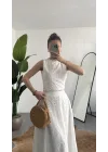 Kadın Beyaz Fisto İşlemeli Dantelli Astarlı Crop Bluz & Midi Etek Takım Yazlık Şık Kadın 2’li Set