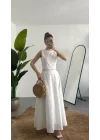 Kadın Beyaz Fisto İşlemeli Dantelli Astarlı Crop Bluz & Midi Etek Takım Yazlık Şık Kadın 2’li Set