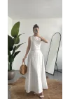 Kadın Beyaz Fisto İşlemeli Dantelli Astarlı Crop Bluz & Midi Etek Takım Yazlık Şık Kadın 2’li Set