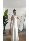 Kadın Beyaz Fisto İşlemeli Dantelli Astarlı Crop Bluz & Midi Etek Takım Yazlık Şık Kadın 2’li Set