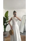 Kadın Beyaz Fisto İşlemeli Dantelli Astarlı Crop Bluz & Midi Etek Takım Yazlık Şık Kadın 2’li Set
