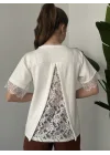 Kadın Beyaz Dantel Detaylı Sırt Dekolteli Oversize Kadın Bluz Şık Günlük Bluz