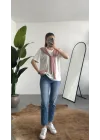 Kadın Beyaz Şal Detaylı Oversize Basic Kadın Tişört Bluz Pembe Bağlamalı Casual Model