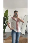 Kadın Beyaz Şal Detaylı Oversize Basic Kadın Tişört Bluz Pembe Bağlamalı Casual Model