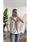 Kadın Beyaz Şal Detaylı Oversize Basic Kadın Tişört Bluz Pembe Bağlamalı Casual Model