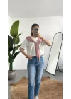 Kadın Beyaz Şal Detaylı Oversize Basic Kadın Tişört Bluz Pembe Bağlamalı Casual Model