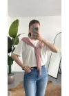 Kadın Beyaz Şal Detaylı Oversize Basic Kadın Tişört Bluz Pembe Bağlamalı Casual Model