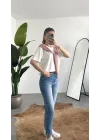 Kadın Beyaz Şal Detaylı Oversize Basic Kadın Tişört Bluz Pembe Bağlamalı Casual Model