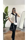 Kadın Beyaz Şal Detaylı Oversize Basic Kadın Tişört Bluz Siyah Bağlamalı Casual Model