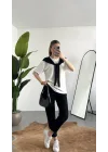 Kadın Beyaz Şal Detaylı Oversize Basic Kadın Tişört Bluz Siyah Bağlamalı Casual Model