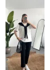 Kadın Beyaz Şal Detaylı Oversize Basic Kadın Tişört Bluz Siyah Bağlamalı Casual Model