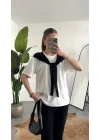 Kadın Beyaz Şal Detaylı Oversize Basic Kadın Tişört Bluz Siyah Bağlamalı Casual Model