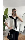 Kadın Beyaz Şal Detaylı Oversize Basic Kadın Tişört Bluz Siyah Bağlamalı Casual Model