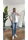 Kadın Beyaz Şal Detaylı Oversize Basic Kadın Tişört Bluz Mavi Bağlamalı Casual Model
