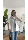 Kadın Beyaz Şal Detaylı Oversize Basic Kadın Tişört Bluz Mavi Bağlamalı Casual Model