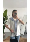 Kadın Beyaz Şal Detaylı Oversize Basic Kadın Tişört Bluz Mavi Bağlamalı Casual Model