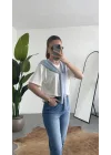 Kadın Beyaz Şal Detaylı Oversize Basic Kadın Tişört Bluz Mavi Bağlamalı Casual Model