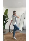 Kadın Beyaz Şal Detaylı Oversize Basic Kadın Tişört Bluz Mavi Bağlamalı Casual Model
