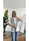 Kadın Beyaz Şal Detaylı Oversize Basic Kadın Tişört Bluz Mavi Bağlamalı Casual Model