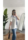 Kadın Beyaz Şal Detaylı Oversize Basic Kadın Tişört Bluz Mavi Bağlamalı Casual Model