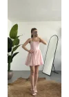 Kadın Pembe Kare Yaka Korse Formlu Balon Etek Mini Elbise Şık Davet Mezuniyet Elbisesi