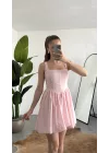 Kadın Pembe Kare Yaka Korse Formlu Balon Etek Mini Elbise Şık Davet Mezuniyet Elbisesi
