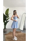 Kadın Mavi Kare Yaka Korse Formlu Balon Etek Mini Elbise Şık Davet Mezuniyet Elbisesi
