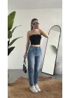 Kadın Açık Mavi Yüksek Bel Mom Jean Pantolon Rahat Kalıp Günlük Denim