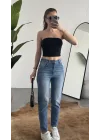 Kadın Açık Mavi Yüksek Bel Mom Jean Pantolon Rahat Kalıp Günlük Denim