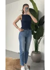 Kadın Lacivert Gipeli Kolsuz Bluz Bisiklet Yaka Esnek Fit Yazlık Crop Bluz