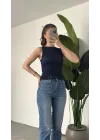 Kadın Lacivert Gipeli Kolsuz Bluz Bisiklet Yaka Esnek Fit Yazlık Crop Bluz