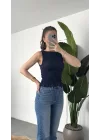 Kadın Lacivert Gipeli Kolsuz Bluz Bisiklet Yaka Esnek Fit Yazlık Crop Bluz