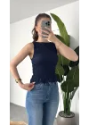 Kadın Lacivert Gipeli Kolsuz Bluz Bisiklet Yaka Esnek Fit Yazlık Crop Bluz