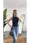 Kadın Lacivert Gipeli Kolsuz Bluz Bisiklet Yaka Esnek Fit Yazlık Crop Bluz