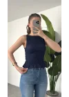 Kadın Lacivert Gipeli Kolsuz Bluz Bisiklet Yaka Esnek Fit Yazlık Crop Bluz