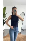 Kadın Lacivert Gipeli Kolsuz Bluz Bisiklet Yaka Esnek Fit Yazlık Crop Bluz