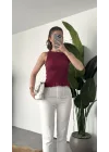 Kadın Bordo Gipeli Kolsuz Bluz Bisiklet Yaka Esnek Fit Yazlık Crop Bluz