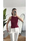 Kadın Bordo Gipeli Kolsuz Bluz Bisiklet Yaka Esnek Fit Yazlık Crop Bluz