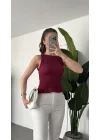 Kadın Bordo Gipeli Kolsuz Bluz Bisiklet Yaka Esnek Fit Yazlık Crop Bluz