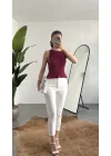 Kadın Bordo Gipeli Kolsuz Bluz Bisiklet Yaka Esnek Fit Yazlık Crop Bluz