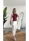 Kadın Bordo Gipeli Kolsuz Bluz Bisiklet Yaka Esnek Fit Yazlık Crop Bluz